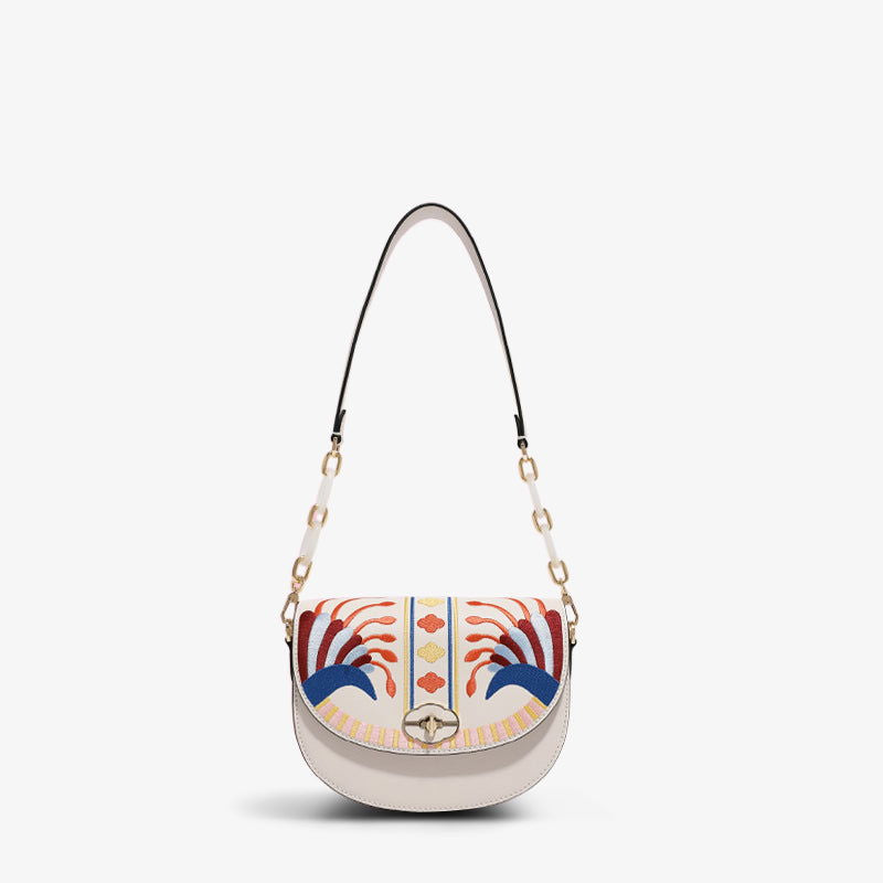 Embroidery Leather Saddle Flap Bag Phoenix - SinoCultural