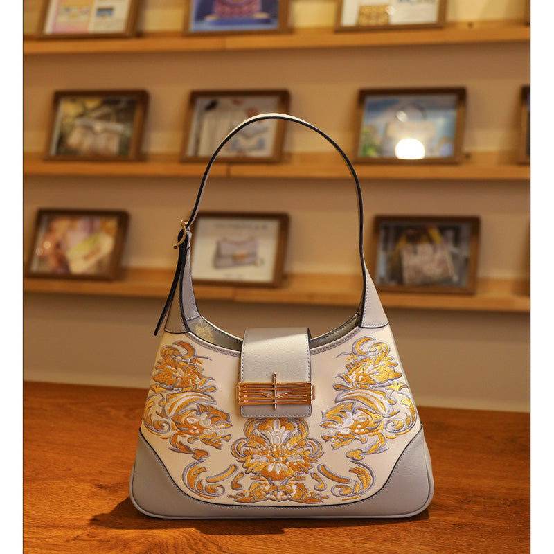 Embroidery Leather Shoulder Bag Original Poinciana - SinoCultural
