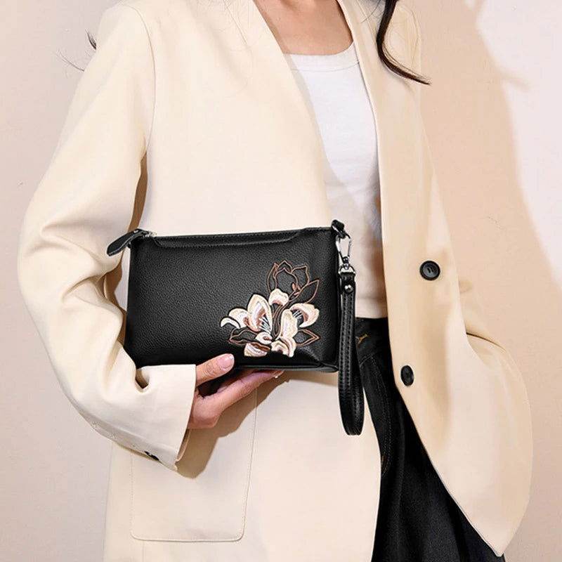 Embroidery Leather Shoulder Clutch Wallet Orchid - SinoCultural