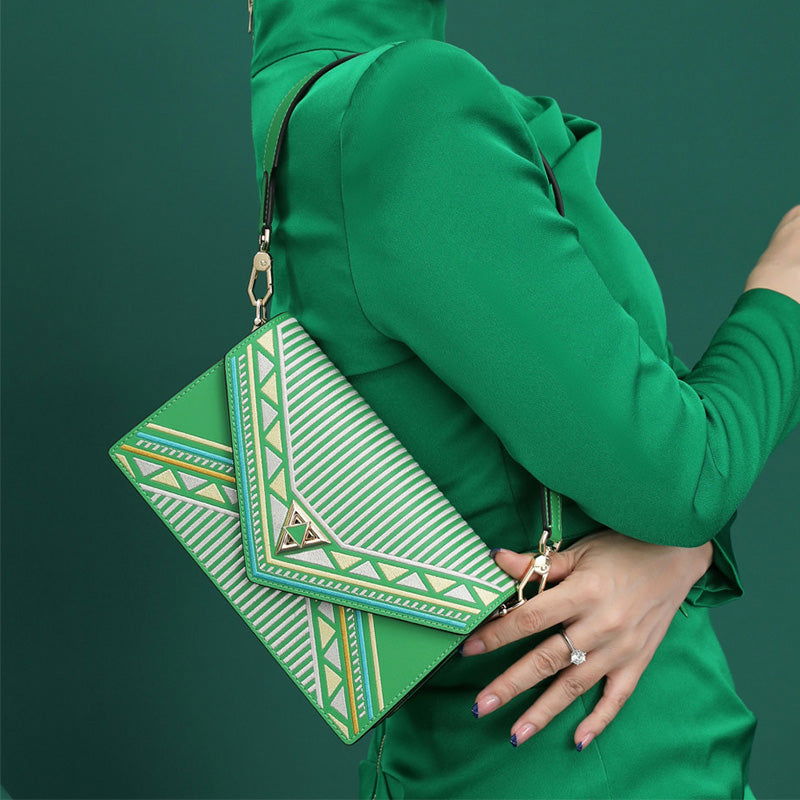 Embroidery Leather Shoulder Handbag Geometry Ethnic Style - SinoCultural