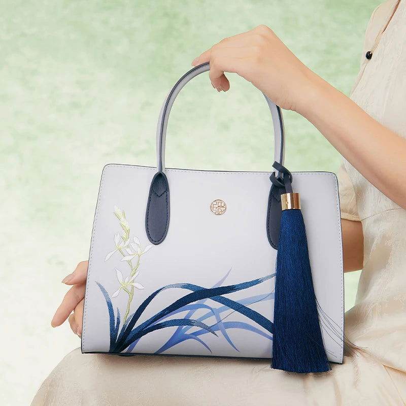 Embroidery Leather Tote Bag Blue Orchid with Pendant - SinoCultural
