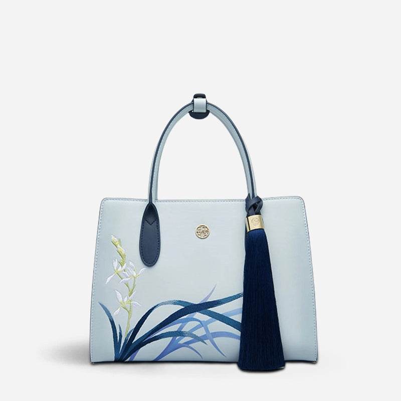 Embroidery Leather Tote Bag Blue Orchid with Pendant - SinoCultural
