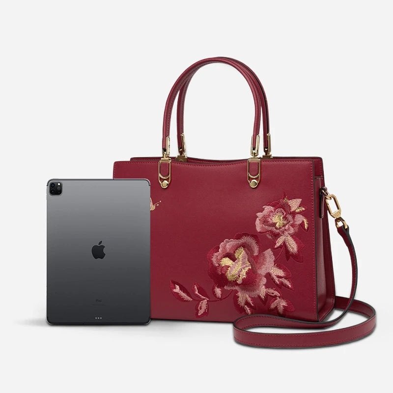 Embroidery Leather Tote Handbag Prosperous Peony 