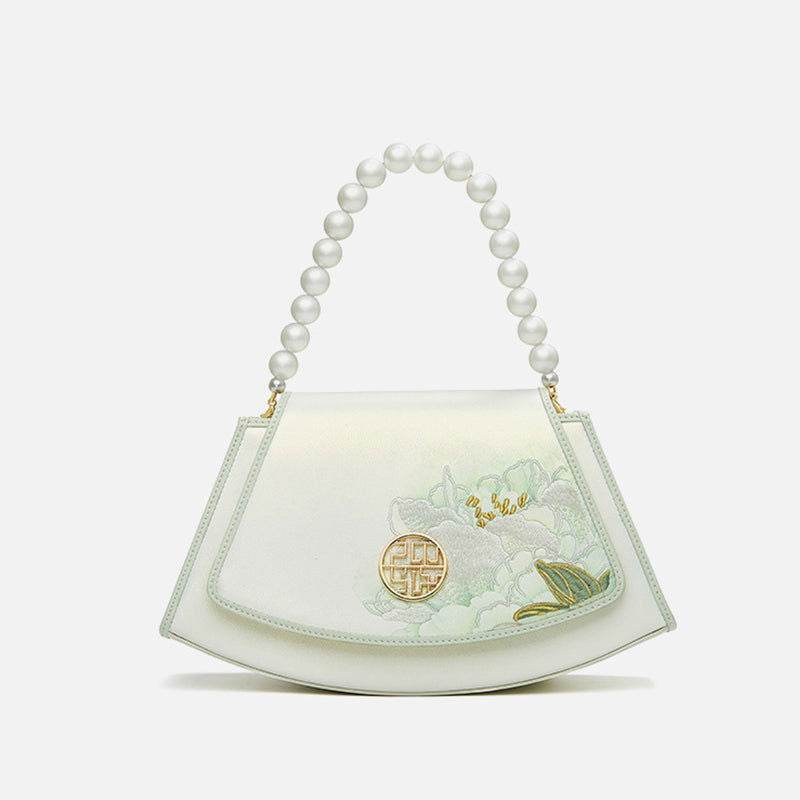 Embroidery Leather Retro White Hibiscus Handbag with Pendant - SinoCultural