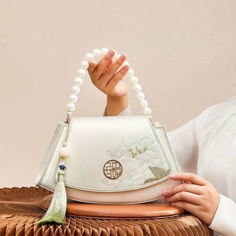 Embroidery Leather Retro White Hibiscus Handbag with Pendant - SinoCultural