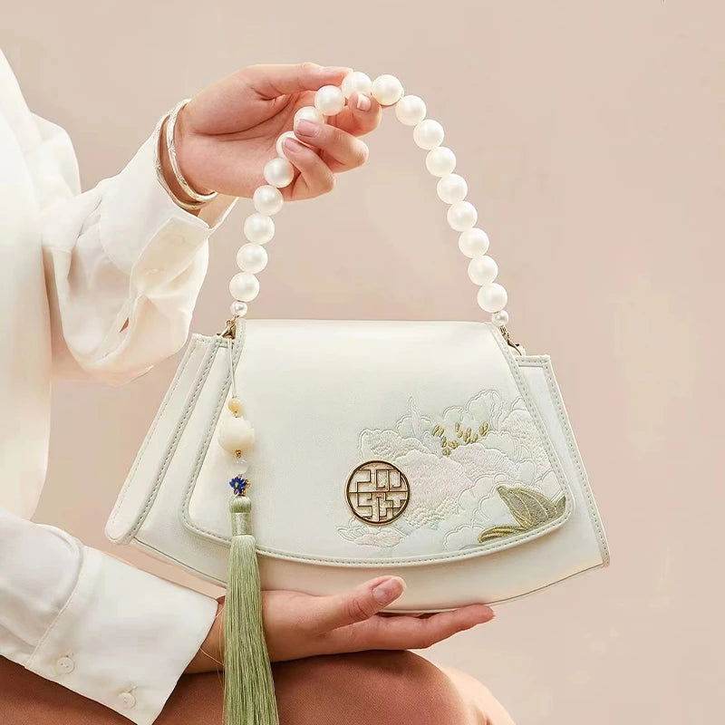 Embroidery Leather Retro White Hibiscus Handbag with Pendant - SinoCultural