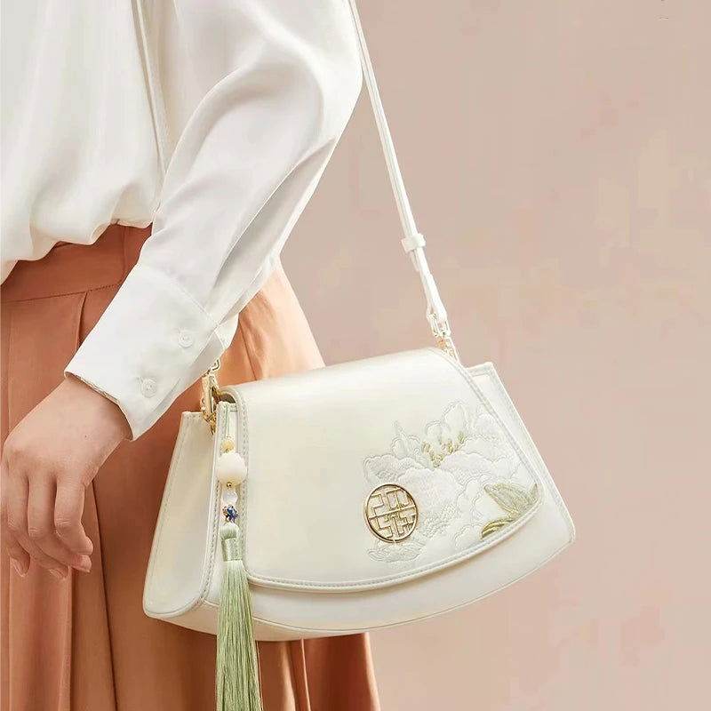 Embroidery Leather Retro White Hibiscus Handbag with Pendant - SinoCultural