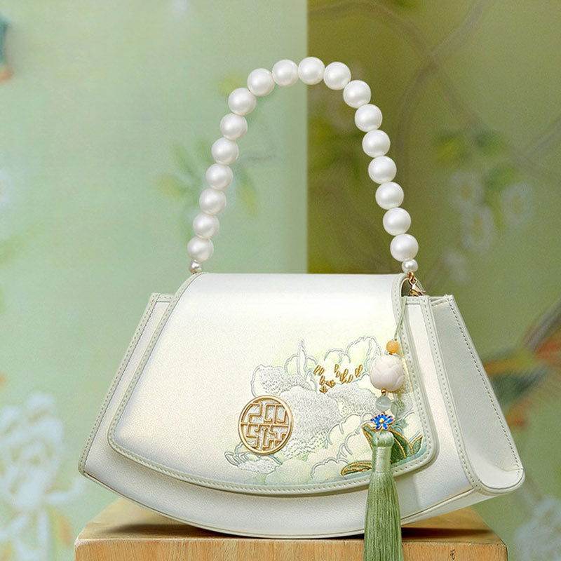 Embroidery Leather Retro White Hibiscus Handbag with Pendant - SinoCultural