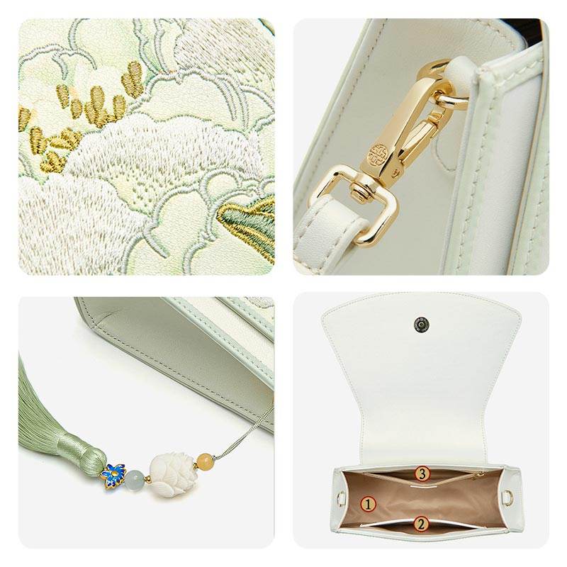 Embroidery Leather Retro White Hibiscus Handbag with Pendant - SinoCultural