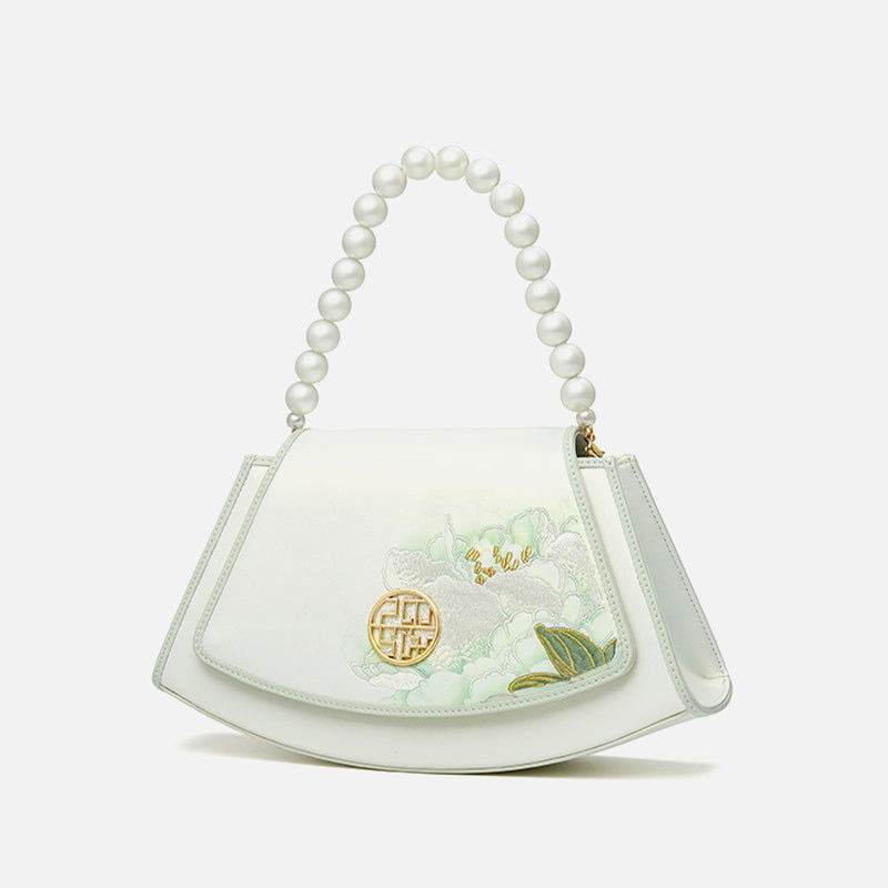 Embroidery Leather Retro White Hibiscus Handbag with Pendant - SinoCultural