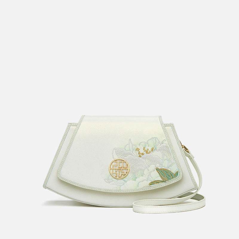 Embroidery Leather Retro White Hibiscus Handbag with Pendant - SinoCultural