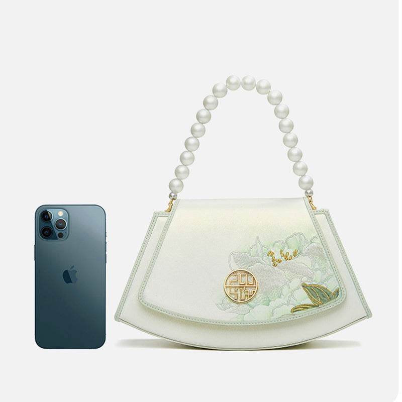 Embroidery Leather Retro White Hibiscus Handbag with Pendant - SinoCultural