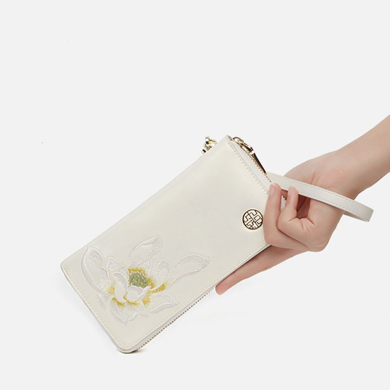 Embroidery Leather Wallet White Lotus - SinoCultural