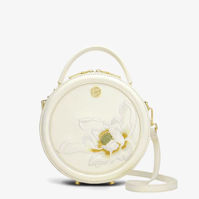 Embroidery Leather White Lotus Round Bag - SinoCultural