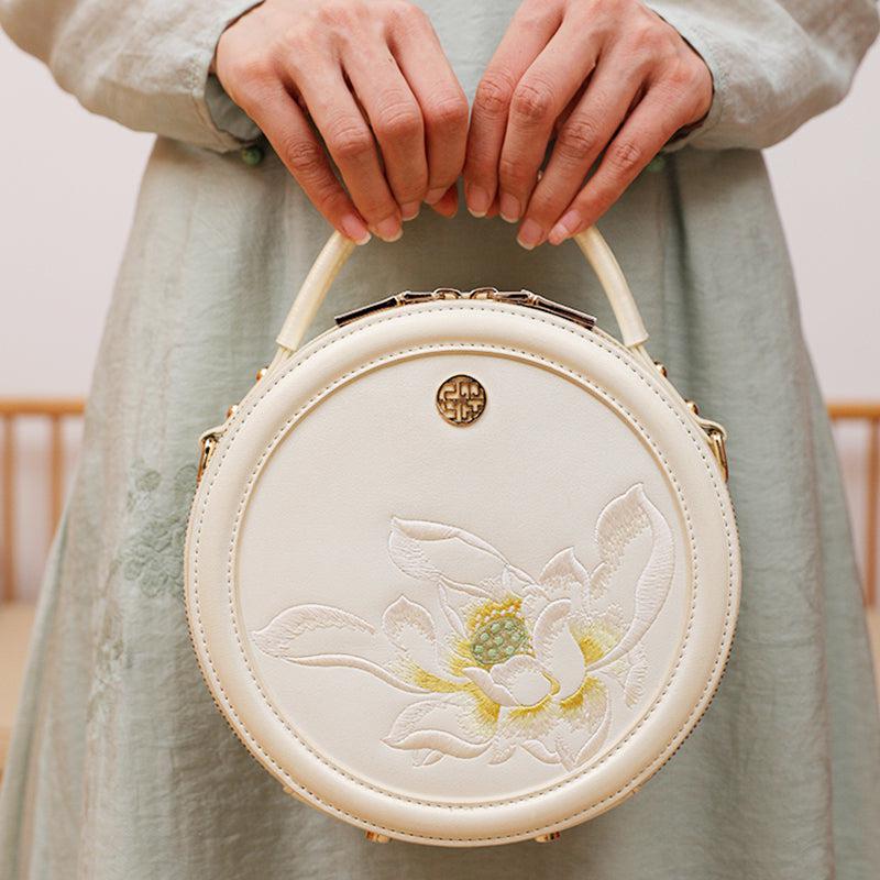 Embroidery Leather White Lotus Round Bag - SinoCultural