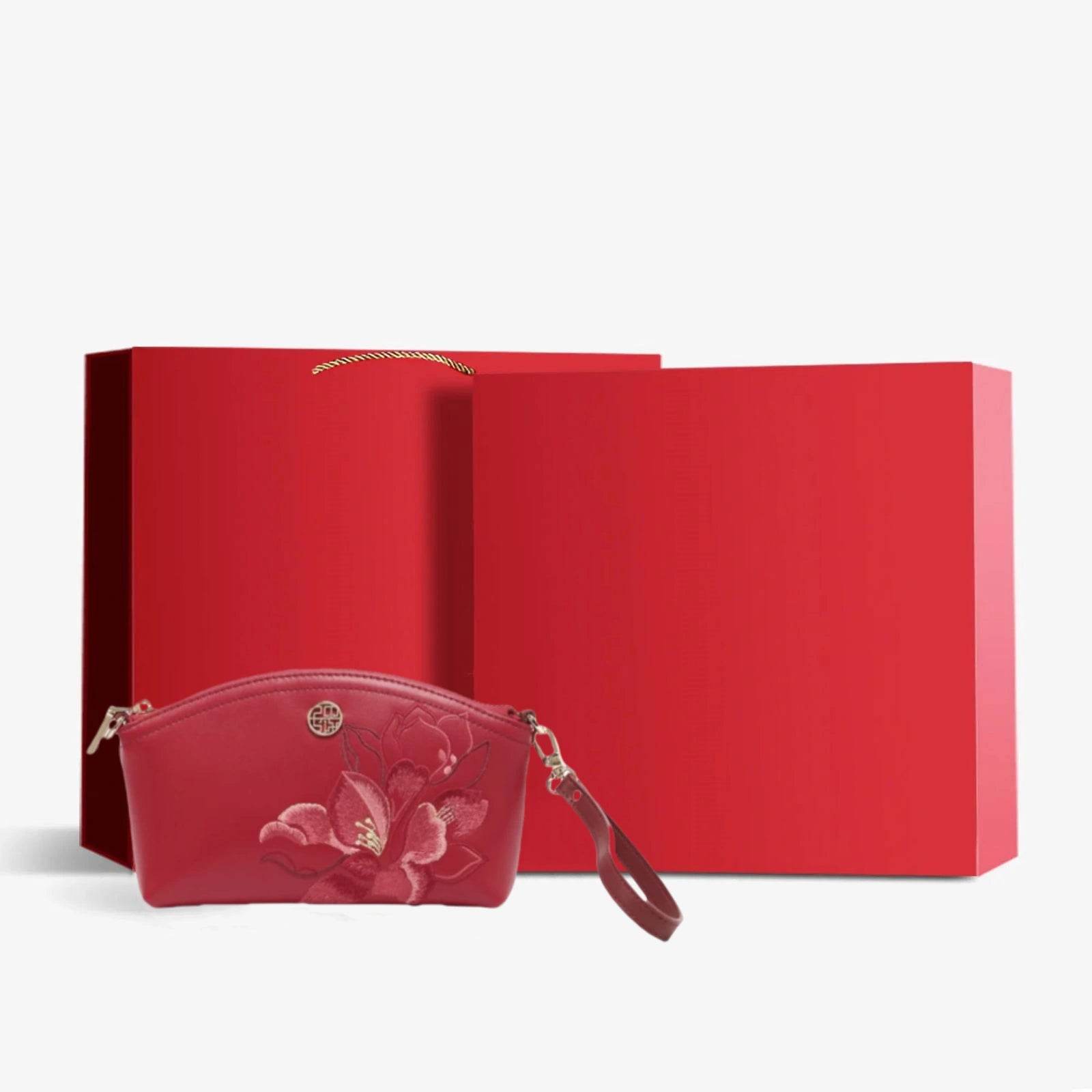 Embroidery Leather Red Magnolia Women‘s Handbag Wallet - SinoCultural