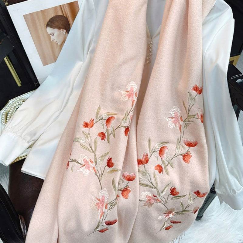 NWT 100% Silk Ivory Embroidered Floral factory Chinese Scarf Wrap with Fringe 60”x20”