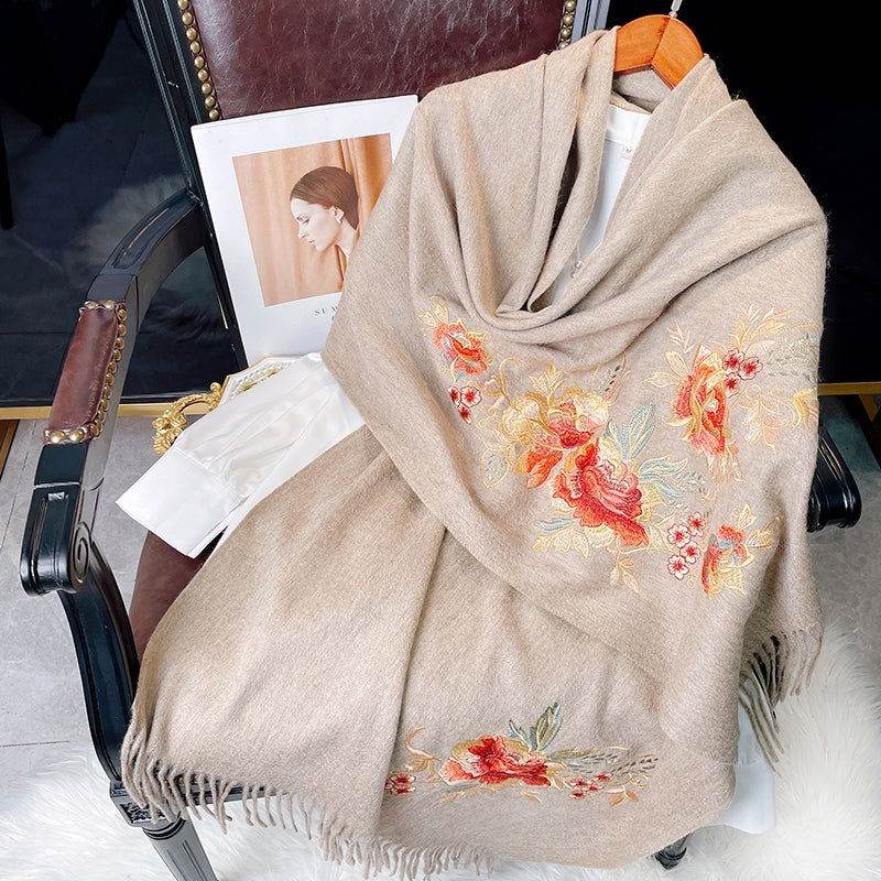 Embroidery 100% Pure Cashmere Scarf Elegant Floral Design 200x60 cm - SinoCultural