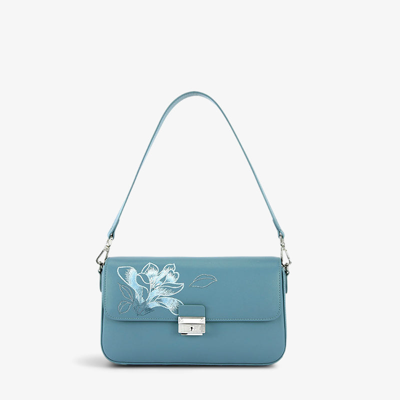 Embroidery Magnolia Leather Shoulder Bag - SinoCultural