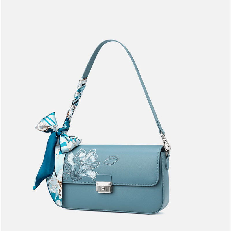 Embroidery Magnolia Leather Shoulder Bag - SinoCultural