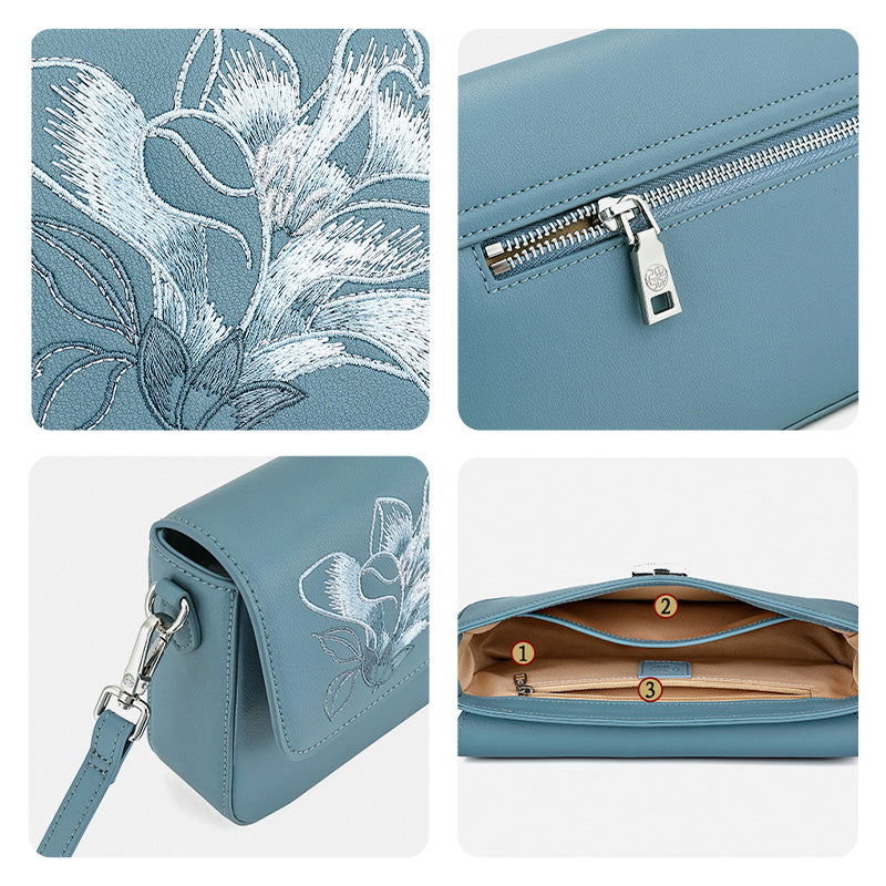 Embroidery Magnolia Leather Shoulder Bag - SinoCultural