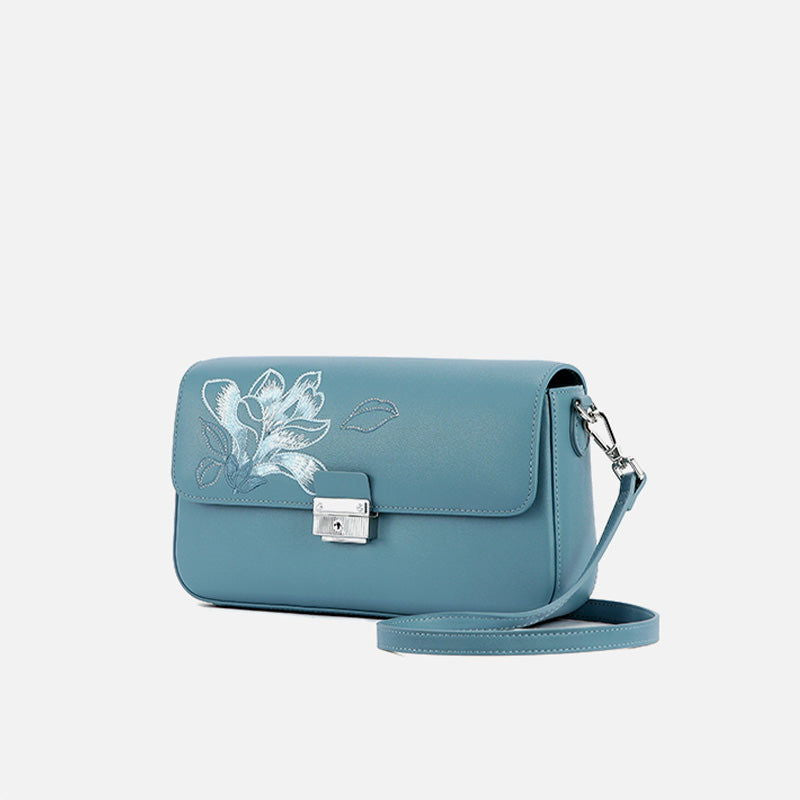 Embroidery Magnolia Leather Shoulder Bag - SinoCultural