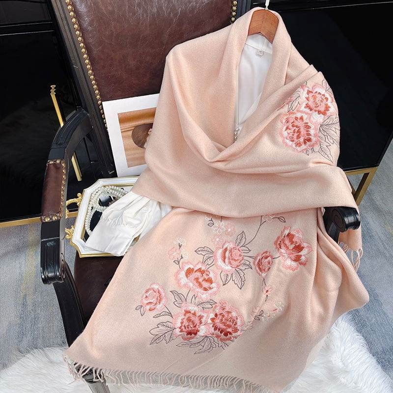Embroidery 100% Pure Cashmere Scarf Pink Lotus 200x60 cm - SinoCultural