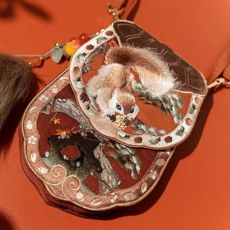 Embroidery Retro Crossbody Phone Wallet Squirrel and Hazel - SinoCultural