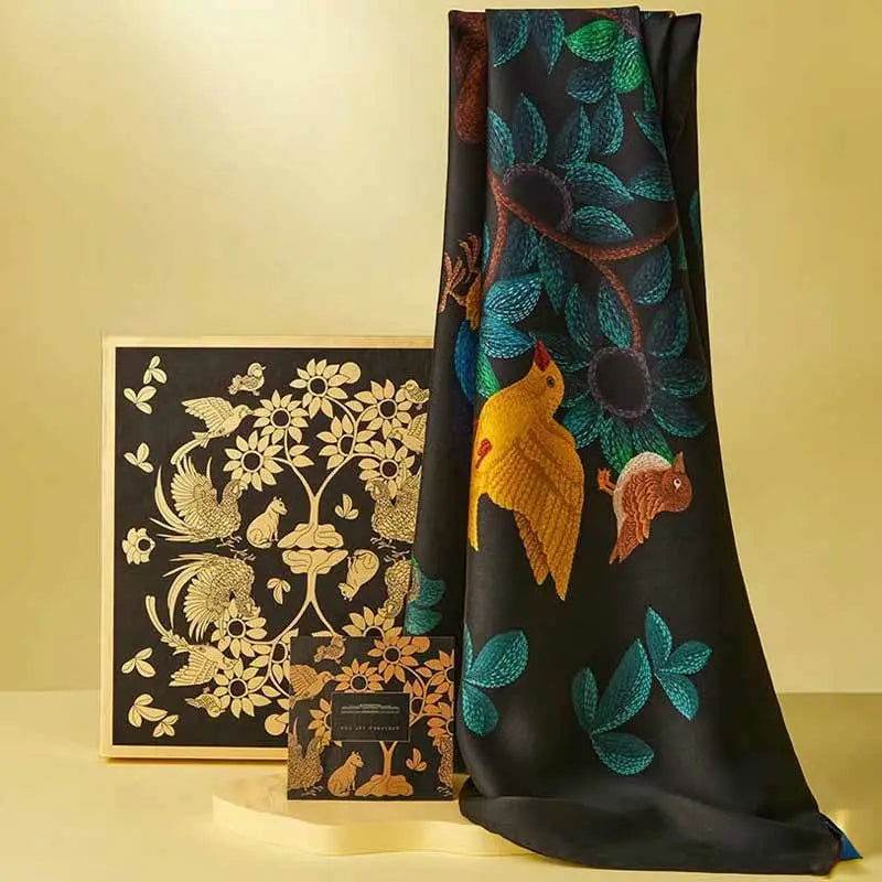 16 Momme Silk Luxury Square Silk Scarf Floral and Avian Design 87x87cm - SinoCultural -- LS041 - 