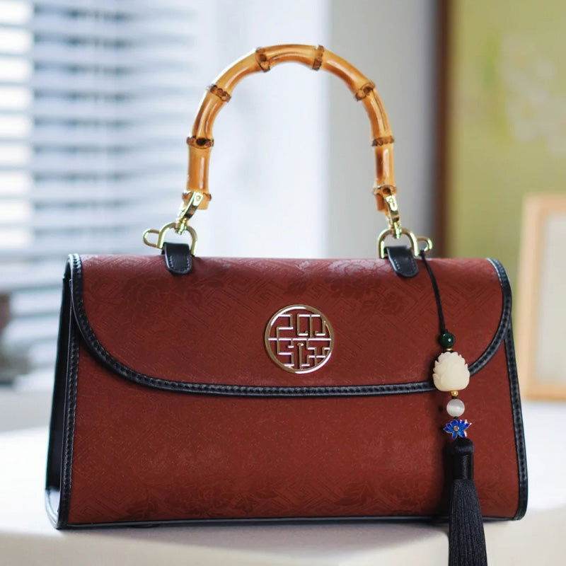 Xiangyunsha Silk Bamboo Handle Brwon Handbag - SinoCultural