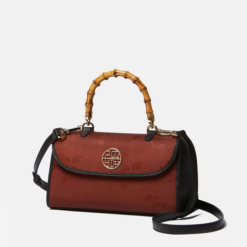 Xiangyunsha Silk Bamboo Handle Brwon Handbag - SinoCultural