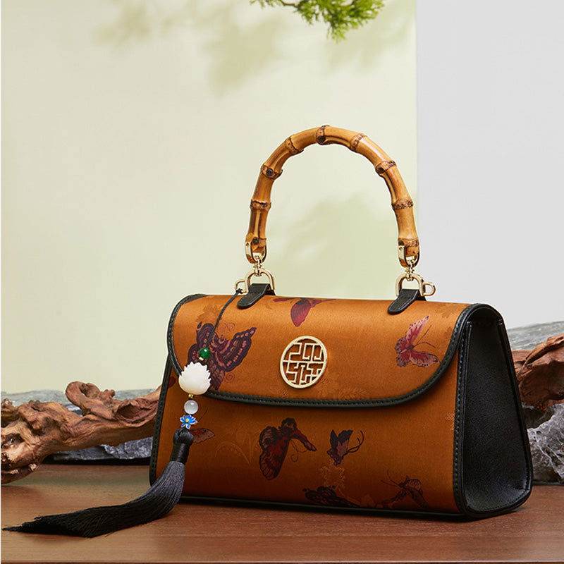 Xiangyunsha Silk Brown Butterfly Bamboo Handle Handbag - SinoCultural