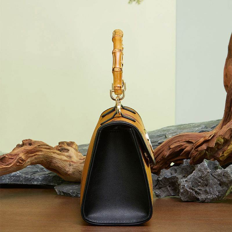 Xiangyunsha Silk Brown Butterfly Bamboo Handle Handbag - SinoCultural