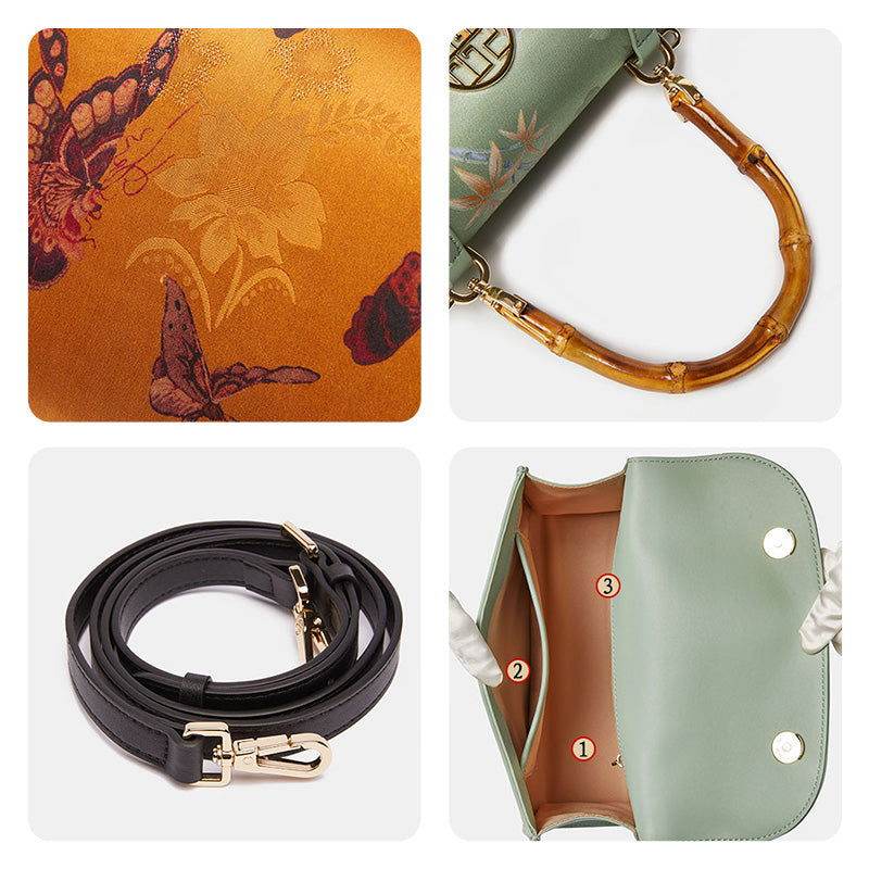 Xiangyunsha Silk Brown Butterfly Bamboo Handle Handbag - SinoCultural