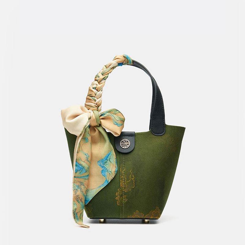 Xiangyunsha Silk Dark Green Bucket Bag with Scarf - SinoCultural