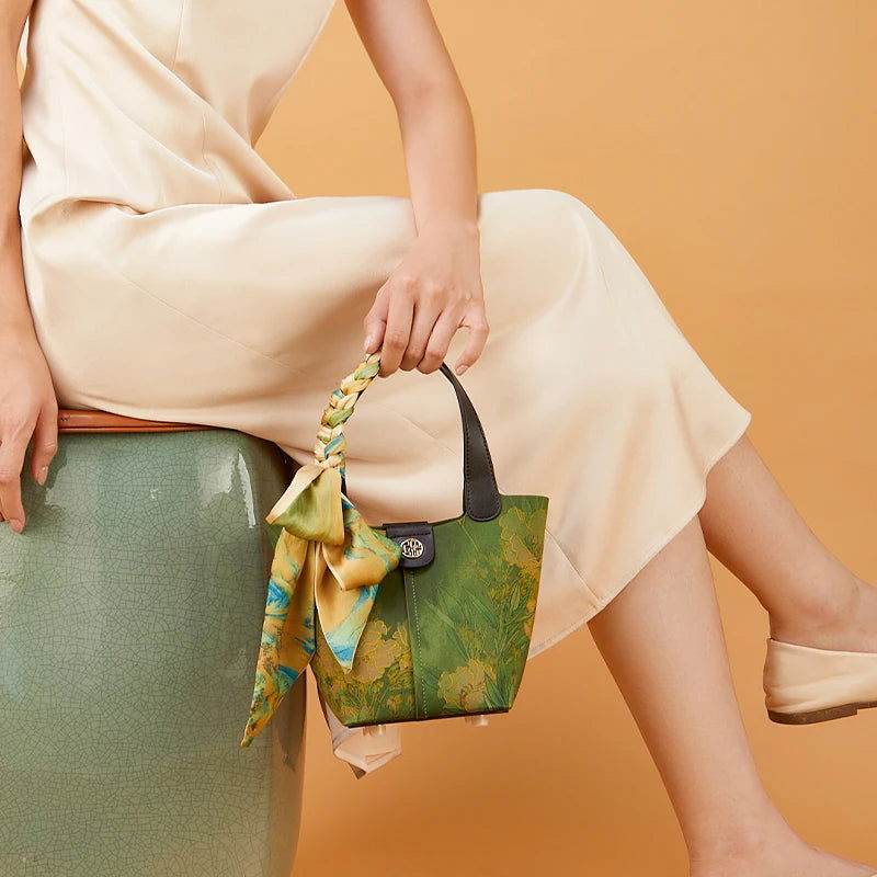 Xiangyunsha Silk Dark Green Bucket Bag with Scarf - SinoCultural