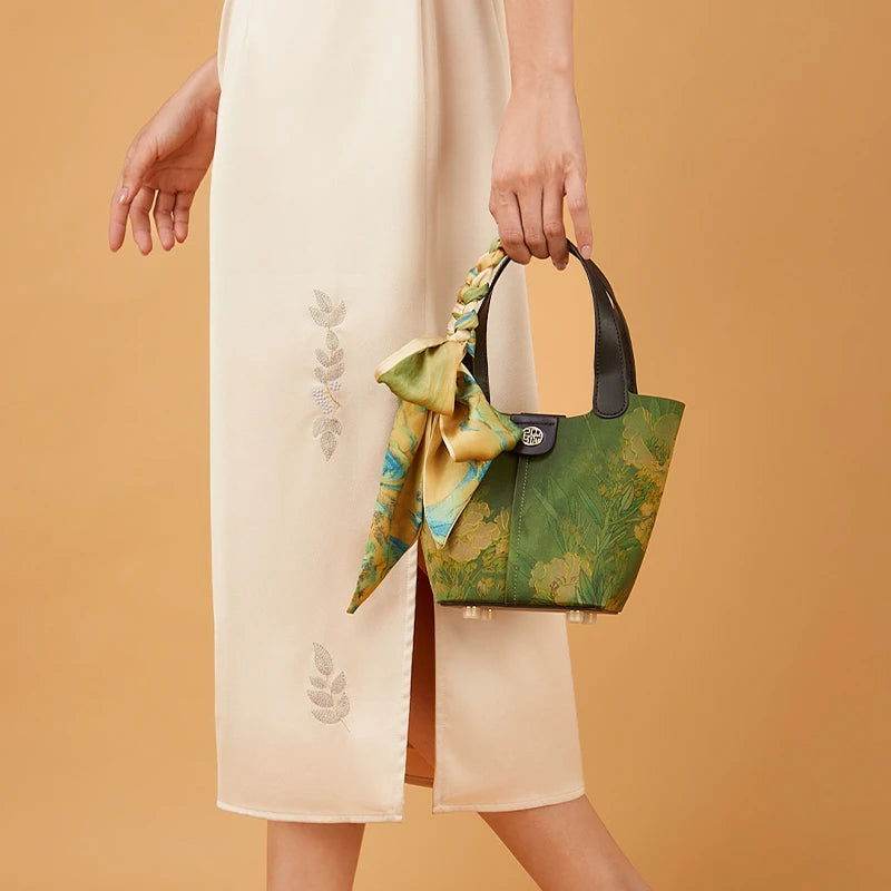 Xiangyunsha Silk Dark Green Bucket Bag with Scarf - SinoCultural