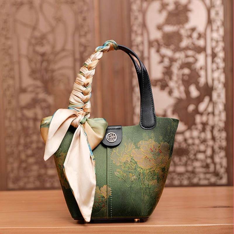 Xiangyunsha Silk Dark Green Bucket Bag with Scarf - SinoCultural