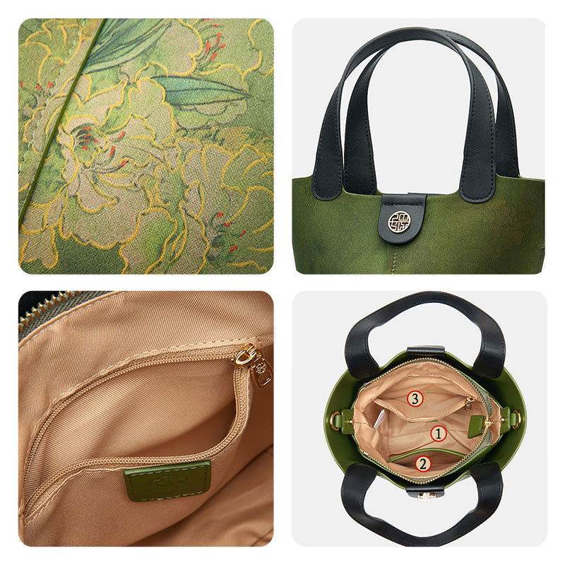 Xiangyunsha Silk Dark Green Bucket Bag with Scarf - SinoCultural