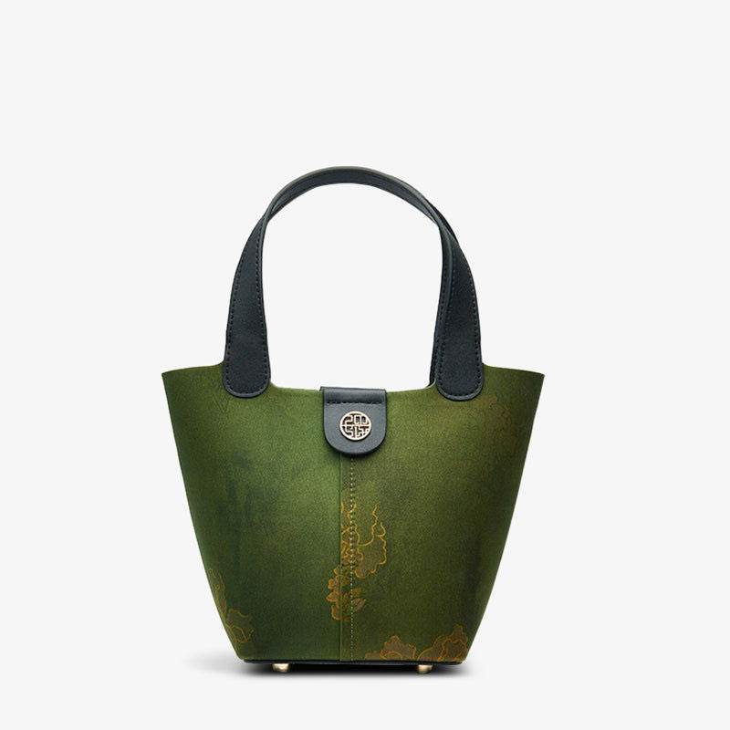 Xiangyunsha Silk Dark Green Bucket Bag with Scarf - SinoCultural