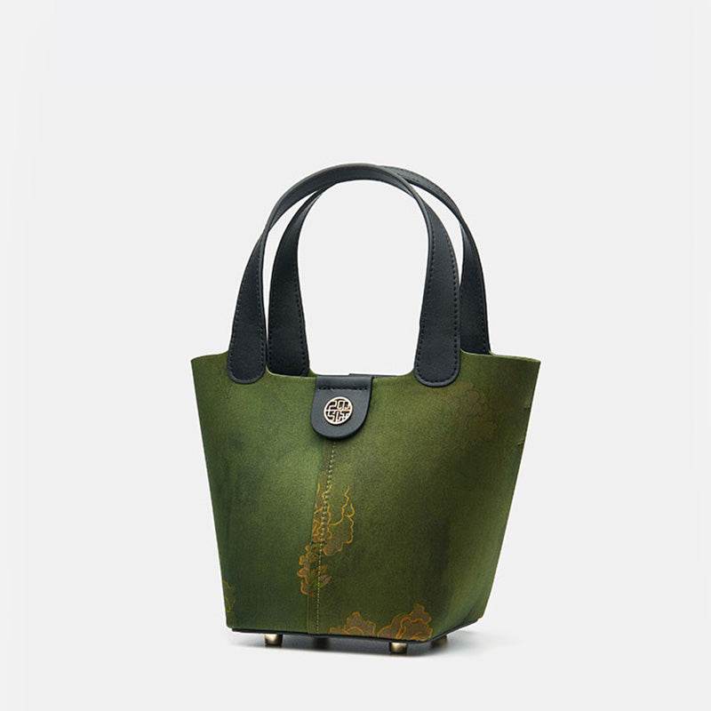 Xiangyunsha Silk Dark Green Bucket Bag with Scarf - SinoCultural