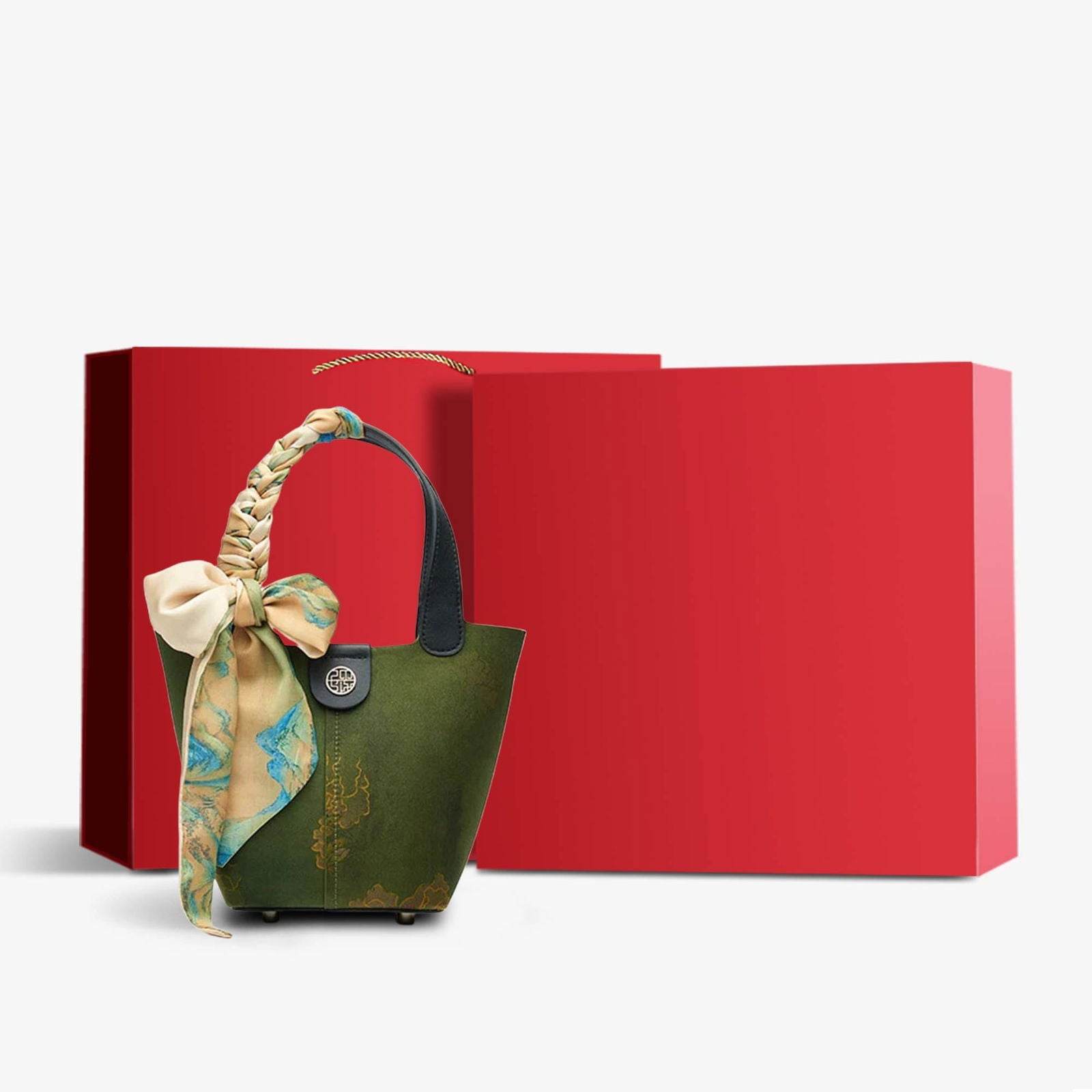 Xiangyunsha Silk Dark Green Bucket Bag with Scarf - SinoCultural