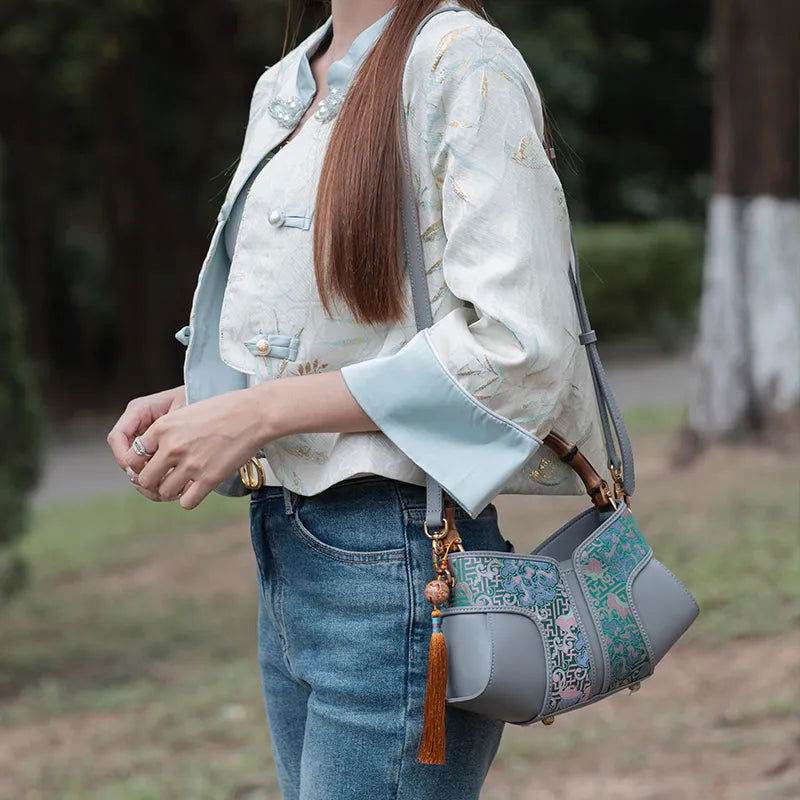 Xiangyunsha Silk Song Brocade Bamboo Wing Bag Designer Handbag - SinoCultural -- KM-0213-M3 - 