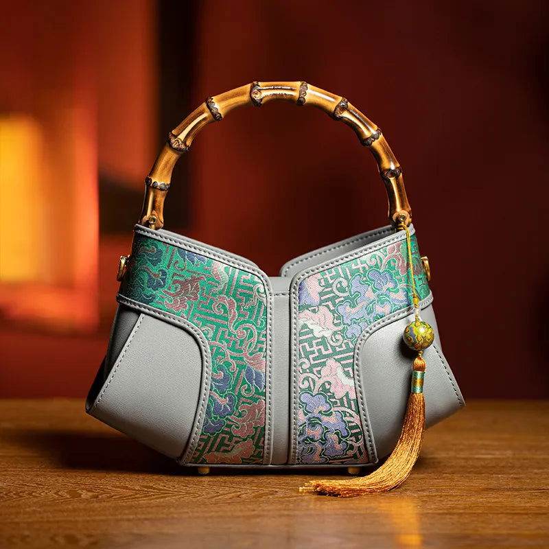 Xiangyunsha Silk Song Brocade Bamboo Wing Bag Designer Handbag - SinoCultural -- KM-0213-M3 - 