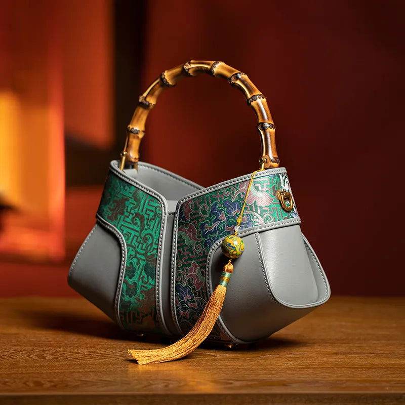 Xiangyunsha Silk Song Brocade Bamboo Wing Bag Designer Handbag - SinoCultural -- KM-0213-M3 - 