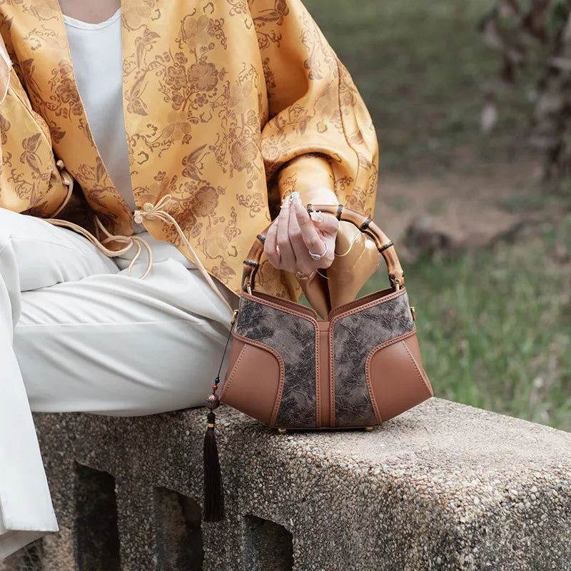 Xiangyunsha Silk Song Brocade Bamboo Wing Bag Designer Handbag - SinoCultural -- KM-0213-M3 - 