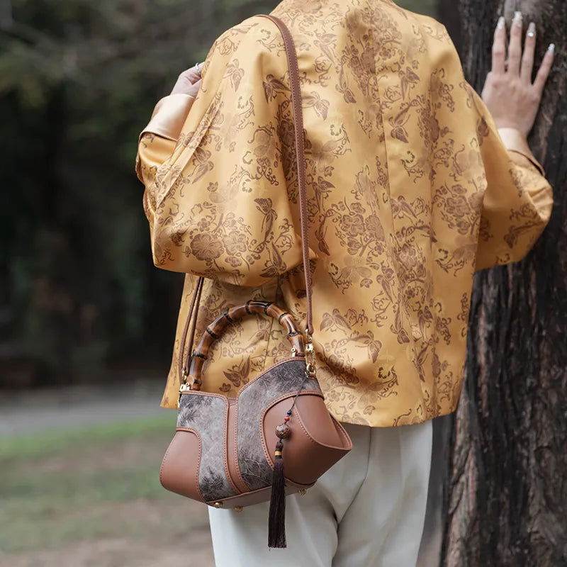 Xiangyunsha Silk Song Brocade Bamboo Wing Bag Designer Handbag - SinoCultural -- KM-0213-M3 - 