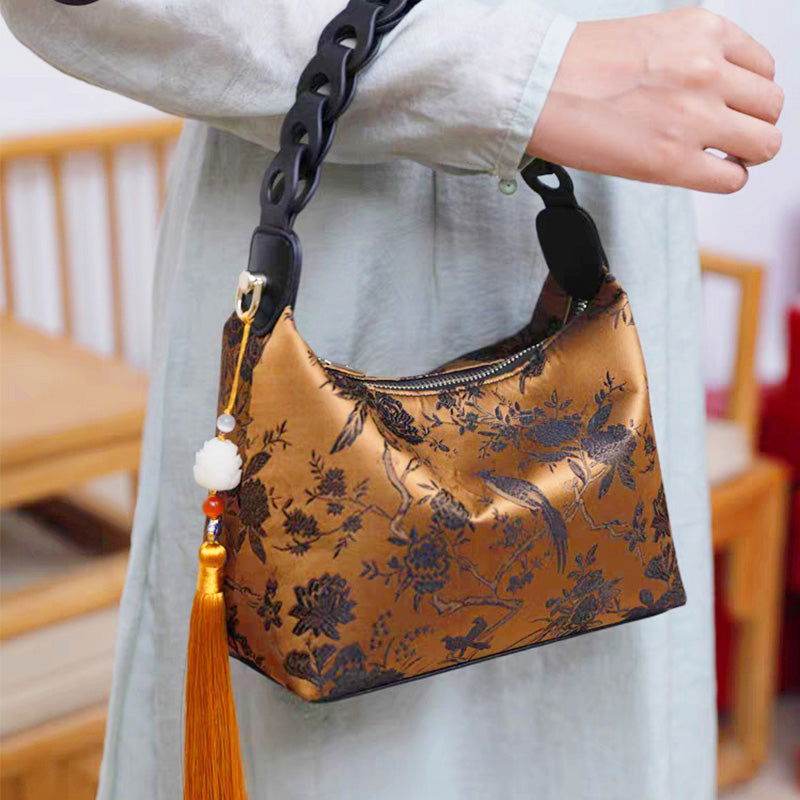 Sinocultural Xiangyunsha Silk Vintage Bird Flower Shoulder Bag - SinoCultural