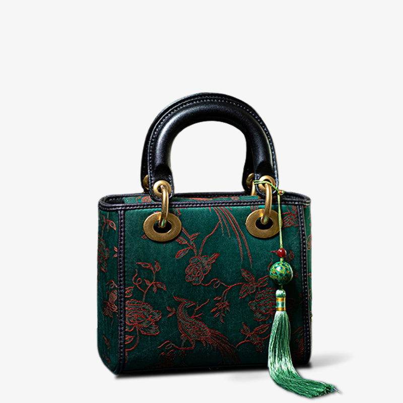 Xiangyunsha Silk Green Retro Cowhide Handbag with Pendant - SinoCultural -- KM-0126-S3 - 