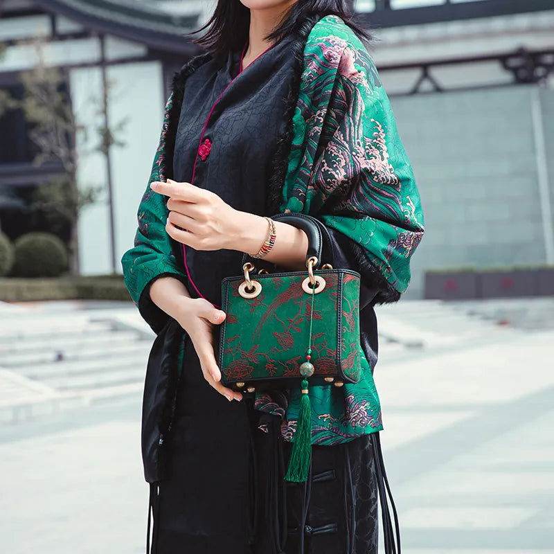 Xiangyunsha Silk Green Retro Cowhide Handbag with Pendant - SinoCultural -- KM-0126-S3 - 